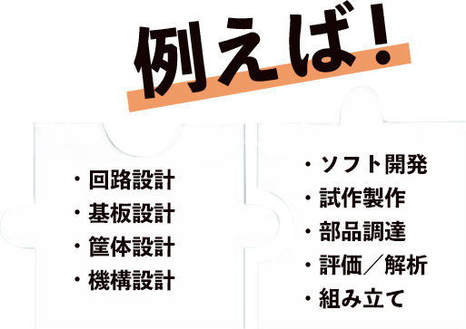 例えば！回路設計、基板設計、筐体設計、機構設計、ソフト開発、試作製作、部品調達、評価／解析、組み立て