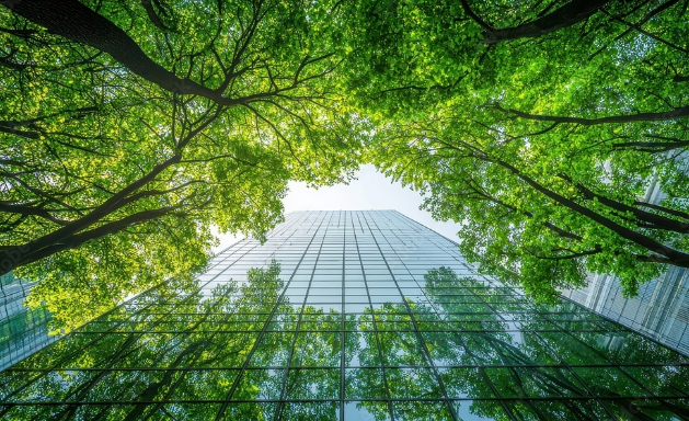 持続可能な未来をイメージした緑とビルの写真